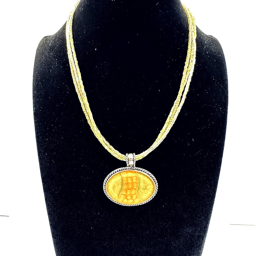 KC Signed Multi Strand Beaded Necklace Green Gold Resin Pendant Boho 18" Unique - Picture 2 of 11